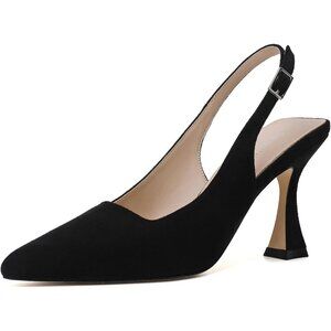 Women's Black-Suede Chunky Closed Pointy Toe Elegant Stylish Buckle High Heel